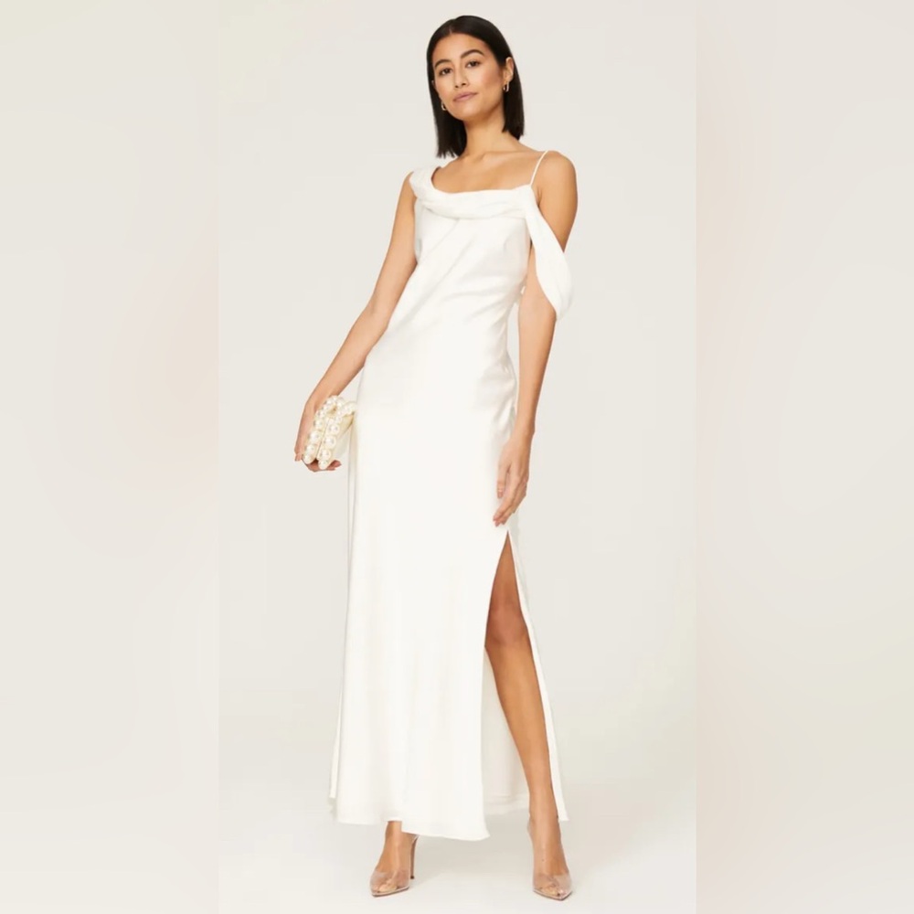 Fame and Partners Ivory Backless Spaghetti Strap Gown